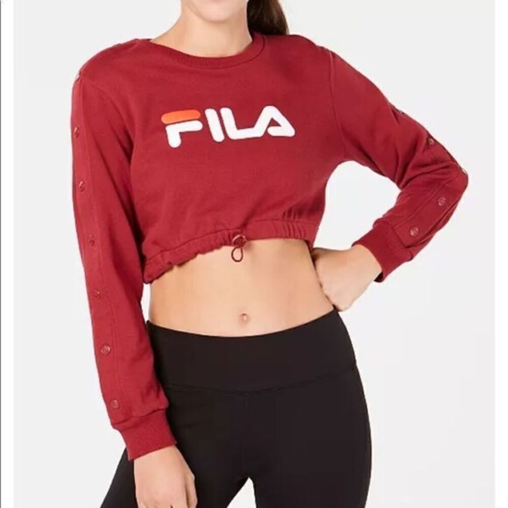 FILA Maroon Red Cropped Logo Snap Sleeve Sweatshirt